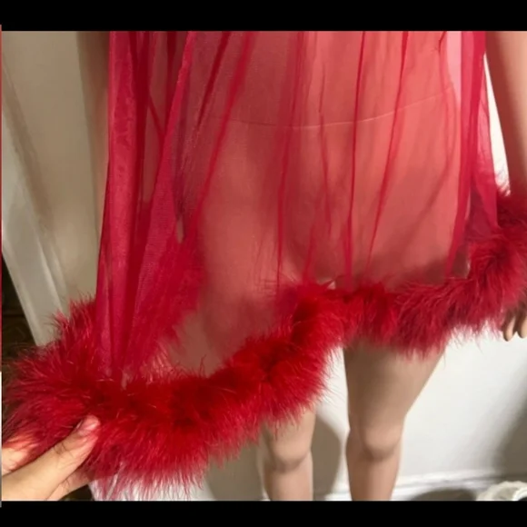 Red Sheer Feather Trim Babydoll - Picture 7 of 8